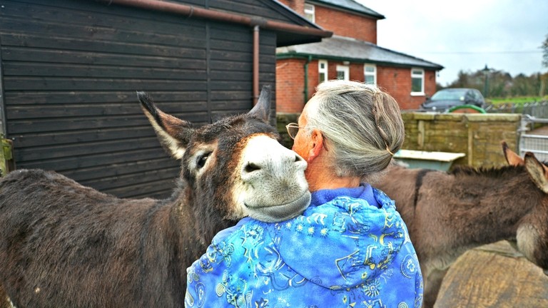 An image of the back of a women as she faces away from the camera while a brown donkey rests their head on her shoulder.
