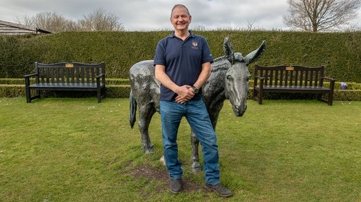 A man stood in front of a donkey statue in a closed garden with two wooden bench's either side of him.