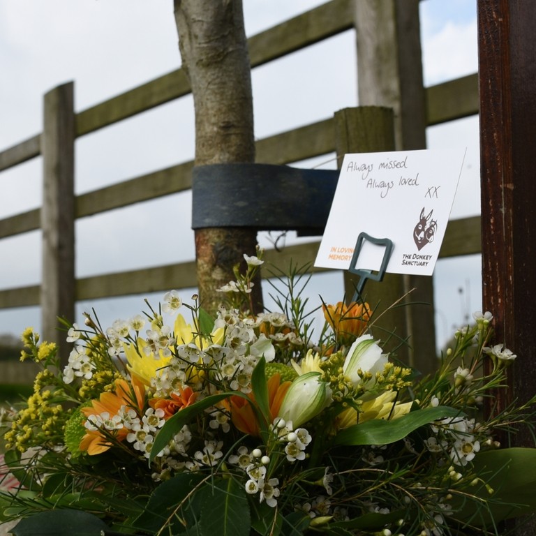 Memorial flowers with message card.