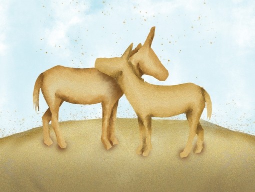 Graphic illustration of two donkeys made from sand leaning on each other against a blue background.
