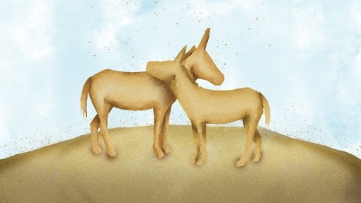 Graphic illustration of two donkeys made from sand leaning on each other against a blue background.