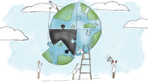 The world imaged as a jigsaw puzzle.