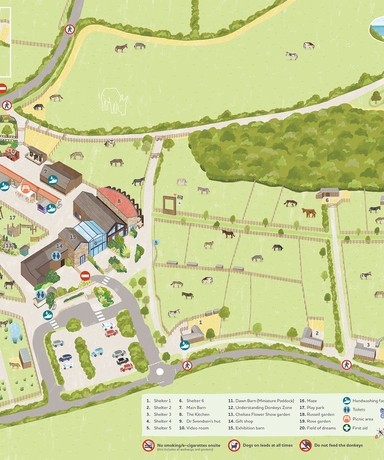 An illustrated map of The Donkey Sanctuary Sidmouth sanctuary.