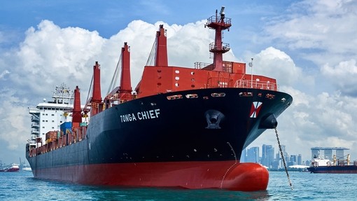 An image large red and black shipping boat sailing with a big city in the background.