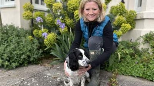 An image of a women crouching down next to a springer spaniel in a back garden.