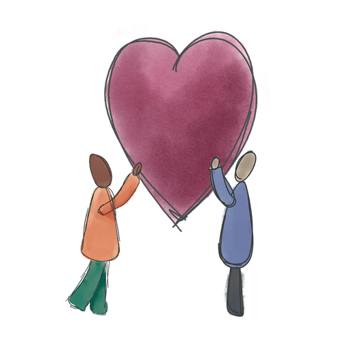An illustration of two people holding a big pink heart between them