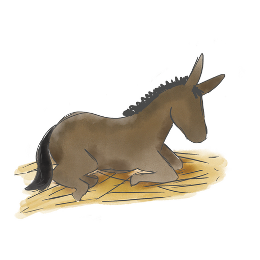 A illustration of a donkey lying on straw