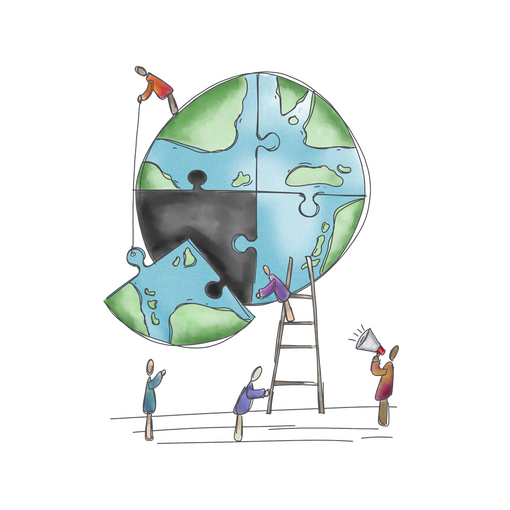 An image of a illustration of globe divided into jigsaw pieces.