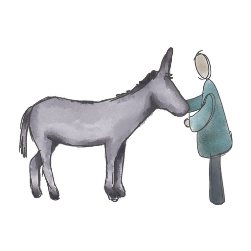An illustration of a person stood with a donkey