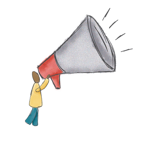Illustration of person talking into a large megaphone.