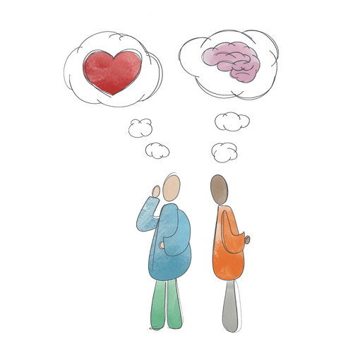 An illustration of two people with thought bubbles about their heads. The person on the left has a thought bubble with a heart in it and the person on the right has a thought bubble with a brain in it.
