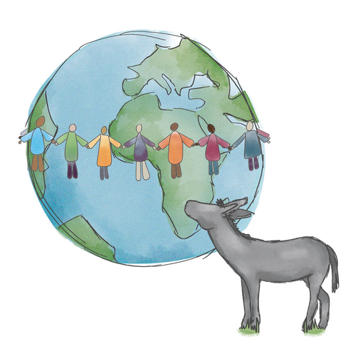 An illustration of a globe surrounded by people holding hands with a grey donkey in front.